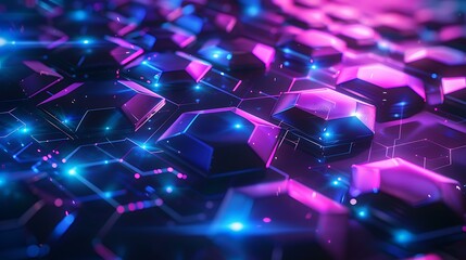 Poster - A futuristic abstract background featuring a seamless hexagon pattern with vibrant glowing lights in shades of blue and purple