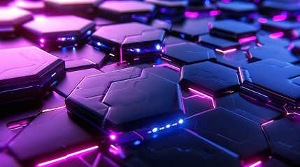 Poster - A futuristic abstract background featuring a seamless hexagon pattern with vibrant glowing lights in shades of blue and purple