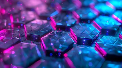 Poster - A futuristic abstract background featuring a seamless hexagon pattern with vibrant glowing lights in shades of blue and purple