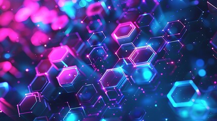 Poster - A futuristic abstract background featuring a seamless hexagon pattern with vibrant glowing lights in shades of blue and purple