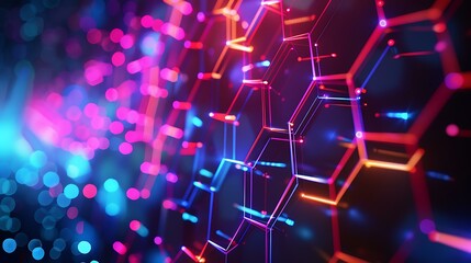Poster - A high-tech themed abstract backdrop with a grid of hexagons illuminated by bright neon lights in various colors
