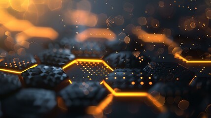 Poster - A stylish abstract background showcasing a hexagon pattern with glowing edges, emitting a soft and radiant light against a dark backdrop