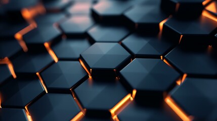 Poster - A stylish abstract background showcasing a hexagon pattern with glowing edges, emitting a soft and radiant light against a dark backdrop
