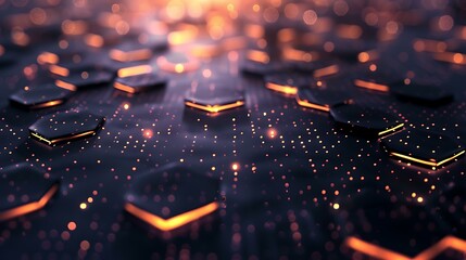 Poster - A stylish abstract background showcasing a hexagon pattern with glowing edges, emitting a soft and radiant light against a dark backdrop