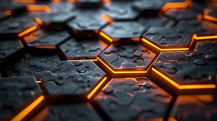 Poster - A stylish abstract background showcasing a hexagon pattern with glowing edges, emitting a soft and radiant light against a dark backdrop