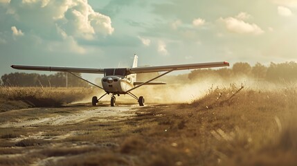 A light aircraft lands on a dirt runway image