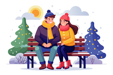 couple sitting on the bench in the winter session, flat vector illustration