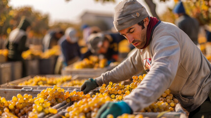 A man is picking grapes in a field