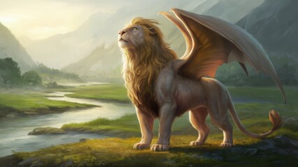 Wall Mural - A painting of a lion with wings standing in front of water, AI