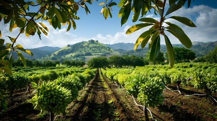 Wall Mural - Avocado plantation on a warm day with trees picture