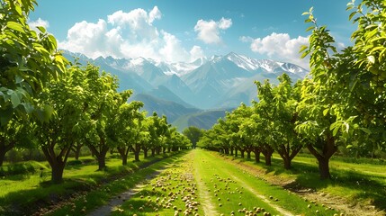 Sticker - Walnut plantation in the mountains with green trees img