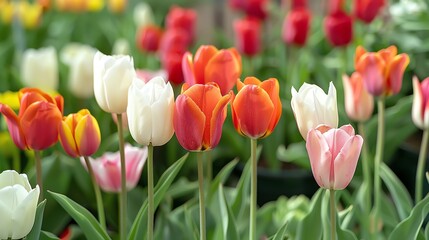 A lush garden filled with various colorful tulips in full bloom