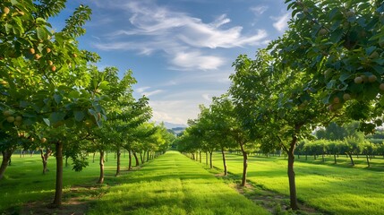 Canvas Print - Walnut plantation in a river valley with trees img