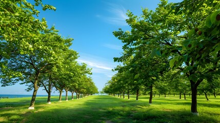 Sticker - Walnut plantation on the coast with green trees picture