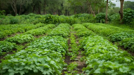 Wall Mural - Cilantro plantation in spring with rows of plants picture