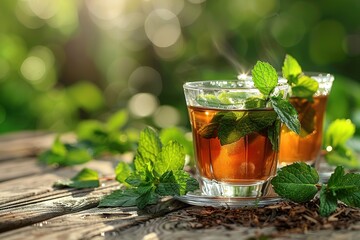 Wall Mural - Glass cup of tea on wooden table and blurred nature background