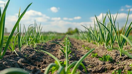 Wall Mural - Onion plantation on a sunny day with rows img