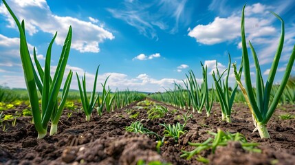 Wall Mural - Onion plantation on a sunny day with rows