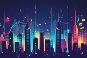 Wall Mural - A cityscape with buildings and lights that are all different colors