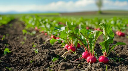 Wall Mural - Radish plantation in spring with rows of plants picture