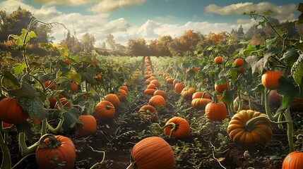 Wall Mural - Pumpkin plantation in autumn with plants hung picture