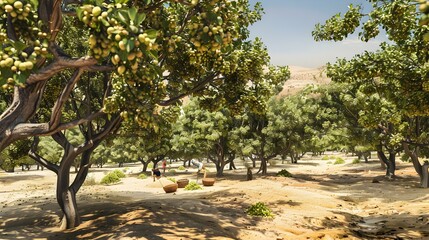 Wall Mural - Pistachio plantation in the desert with low trees image