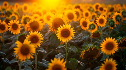 Wall Mural - A field of sunflowers at sunset a huge image