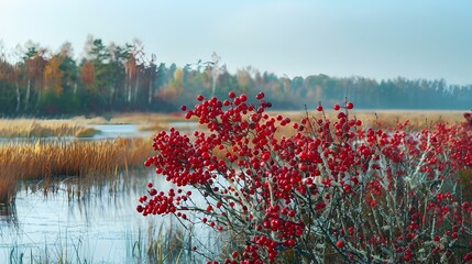 Sticker - Cranberry fields in autumn with bushes laden picture