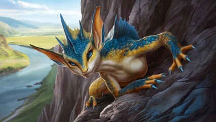 Wall Mural - A painting of a dragon with blue and yellow spikes on its head, AI