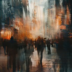 Wall Mural - ethereal cityscape with ghostly figures blending into a sea of motion muted tones and streaks of light creating a dreamlike urban atmosphere cinematic color grading