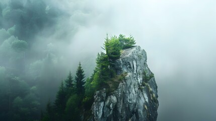 Wall Mural - A rock in the forest shrouded in morning img