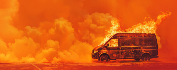 Wall Mural - A van on fire, with flames licking up the sides and dense smoke swirling around, isolated on a vibrant orange background. The fiery chaos is vividly captured, highlighting the intense heat and