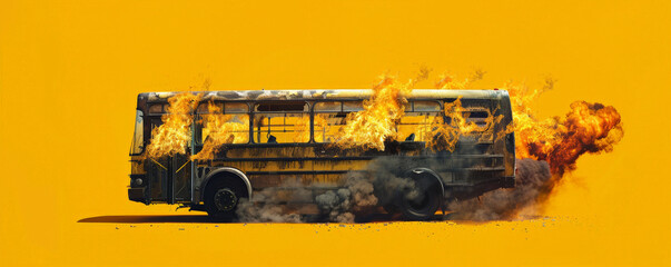 Wall Mural - A burning bus engulfed in flames and smoke, isolated on a vivid yellow background. The bright