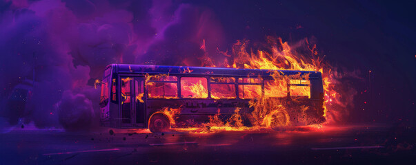 Wall Mural - A bus on fire, with flames and smoke billowing, isolated on a dark purple background. The intense