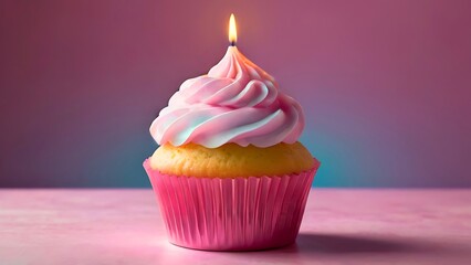 Birthday cupcake with a lit candle isolated on dreamy pink blue gradient background. Anniversary celebration, festive, party concept