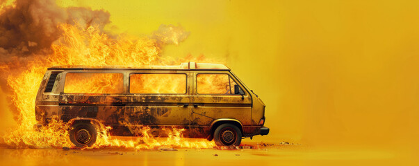 Wall Mural - A burning van engulfed in flames and smoke, isolated on a vivid yellow background. The bright