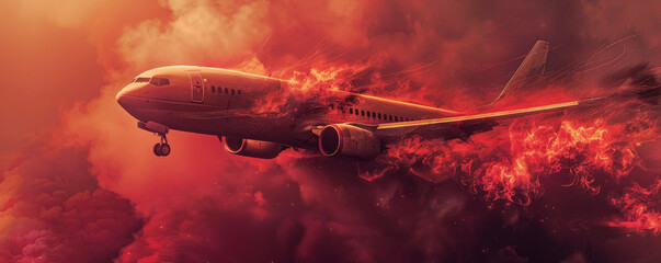 Wall Mural - An airplane engulfed in flames and smoke, isolated on a gradient background transitioning from black to red. The intense fire and billowing smoke are vividly captured against the dramatic backdrop.