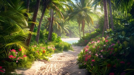 Poster - A tropical grove with tall coconut trees growing picture