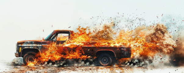 Wall Mural - A truck in flames, with fierce fire and thick smoke, isolated on a stark white background. The vivid depiction of the burning vehicle creates a powerful and intense image.