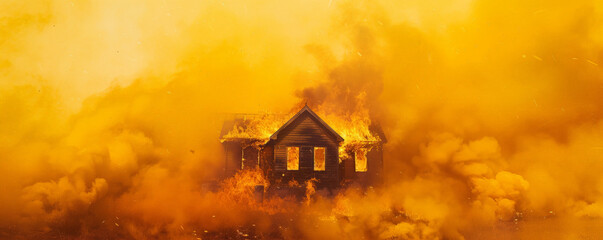 Wall Mural - A burning house engulfed in flames and smoke, isolated on a vivid yellow background. The bright