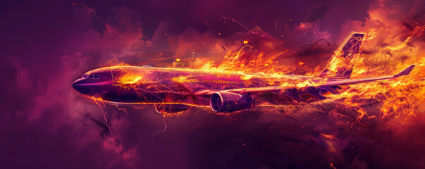 Wall Mural - An airplane on fire, with flames and smoke billowing, isolated on a dark purple background. The intense heat and chaos of the burning aircraft stand out against the deep color.