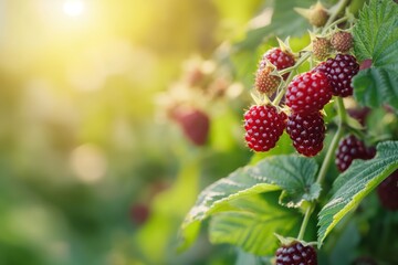 Vibrant raspberry bush in full bloom with ripe red berries, green leaves. Close-up shot of garden plant with another bush visible in background. Perfect for eco-friendly, gardening, foodie themes.