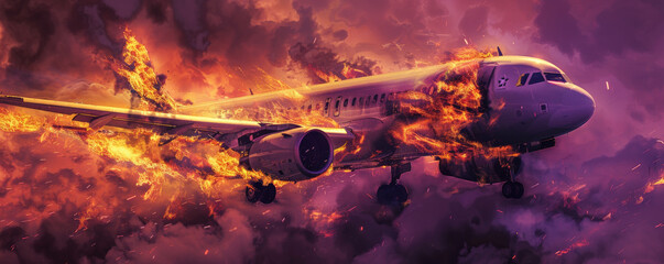 Wall Mural - An airplane on fire, with flames and smoke billowing, isolated on a dark purple background. The intense heat and chaos of the burning aircraft stand out against the deep color.