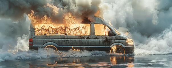 Wall Mural - A van on fire, with flames and thick smoke rising, isolated on a metallic silver background. The shiny backdrop enhances the dramatic effect of the burning vehicle.