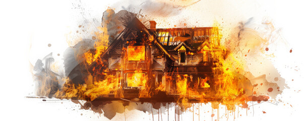 Wall Mural - A house in flames, with fierce fire and thick smoke, isolated on a stark white background. The vivid