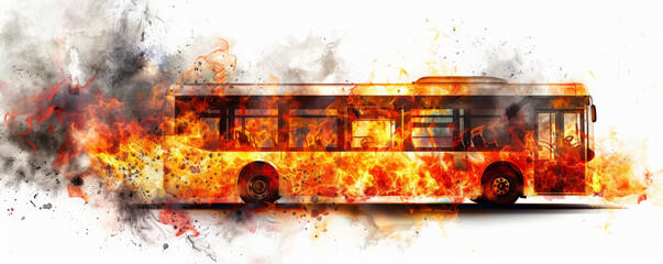 Wall Mural - A bus in flames, with fierce fire and thick smoke, isolated on a stark white background. The vivid
