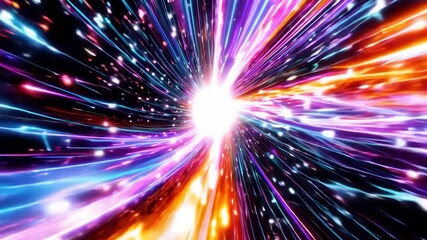 Poster - Vibrant streaks of light swirl towards a glowing center in a dazzling cosmic tunnel. Dynamic hues blend perfectly, creating an otherworldly visual experience