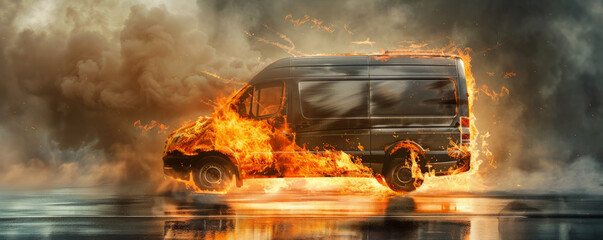 Wall Mural - A van on fire, with flames and thick smoke rising, isolated on a metallic silver background. The shiny backdrop enhances the dramatic effect of the burning vehicle.