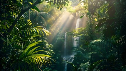 Wall Mural - Tropical forest with dense vegetation and waterfalls hidden image