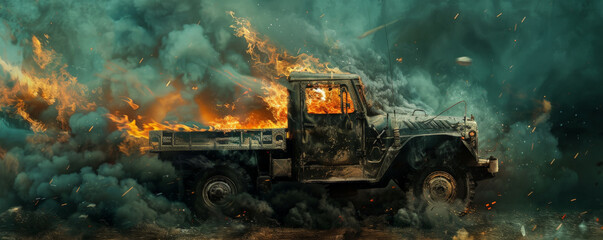 Wall Mural - a military truck engulfed in fierce flames and dense smoke, isolated on a dark green background,